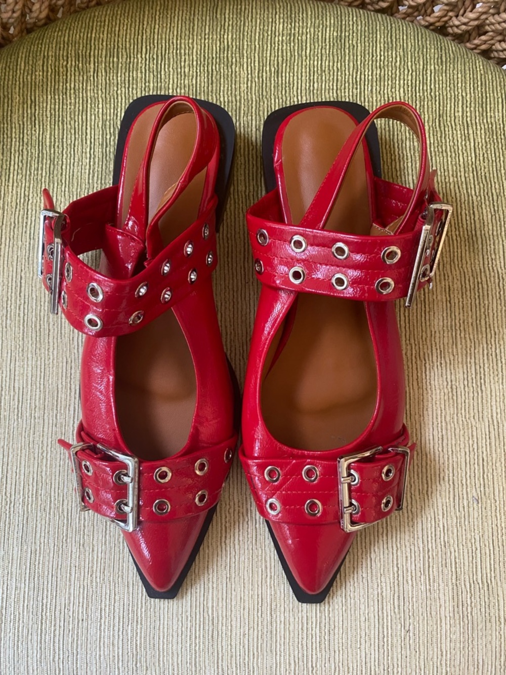 Patent Red Grommet Double Buckle Pointed Toe Slingback Flats. Perfect Condition.